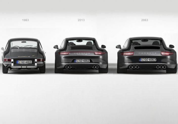 RE: Porsche 911 turns 50 - Page 3 - General Gassing - PistonHeads - The image displays four luxury cars side by side against a plain background. Each car represents a different model year, with the years 1963, 2013, and 2030 indicators of the respective model years. The cars are styled in a striking two-tone color combination with black bodies and contrasting roofs, which are a shade lighter. The cars possess sleek, elongated designs, characterized by broad rear fenders and narrow front fenders, a common feature of sports cars.