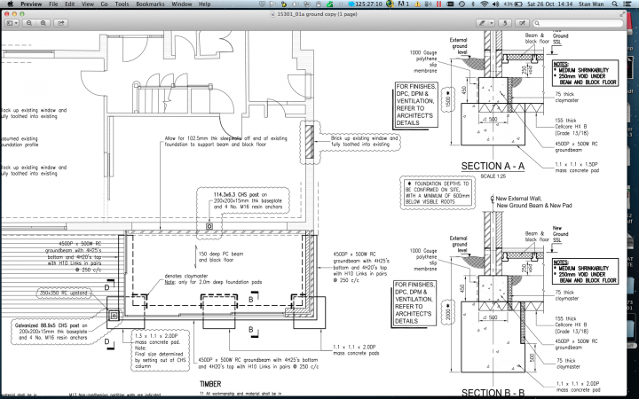 Soil pipe and steel conundrum - Page 1 - Homes, Gardens and DIY - PistonHeads - The image is a screenshot of computer-aided design (CAD) software, showing an architectural drawing of a building's floor plan and detailed sectional views. The screenshot includes both a top-down view of the facade and a sectional view, along with annotations and measurements in black text. It appears to be part of an architectural illustration software interface, with multiple windows within the main window, some of which are minimized or obscured. The viewport in the main window highlights the different sections of the building: a staircase, an area labeled "AREA ELEVATOR," a section labeled "SECTION A," and another section at the bottom-right corner, which gives an external view of the building, indicating the setting for this architectural design. The software seems to be used for design and engineering purposes.