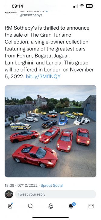 Granturismo Collection/Jon Hunt up for Auction  - Page 1 - Supercar General - PistonHeads UK - The image shows a screenshot of an Instagram post with a photo of cars displayed in the grid format. The top part of the image has a text overlay stating, "RM Smythe is thrilled to announce the sale of the Gran Turismo Collection, a single-owner collection featuring some of the greatest cars from Bugatti, Ferrari, Lamborghini and more." This announcement suggests that the owner of these luxury cars is selling them. The image also includes additional text providing information about the sale: "Will be offered in a private treaty sale on 5th November at Bonhams Knightsbridge." 

Below the main announcement, there is an advertisement for a group called "The Bugatti Club," with details about their meetup location. The advertisement mentions that the Bugatti Club will be meeting in London from 5th to 6th of November. The bottom part of the image shows a screenshot of a tweet or a social media post with a photo of cars, and it appears to be a different group or collection.