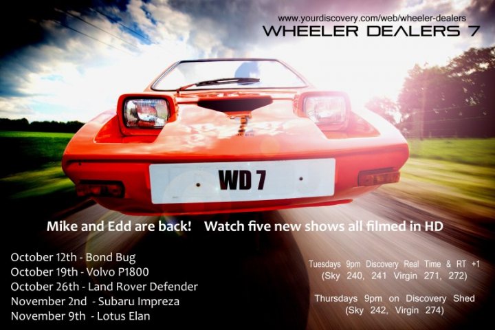 Wheeler Dealer Bond Bug - Page 1 - TV, Film & Radio - PistonHeads - The image is an advertisement for a series of new car shows on HBO Max titled "Wheeler Dealers" with 7 different episodes bot developed by HBO Max, showcasing a total of 9 premiere times on different days of the week including dates like October 2nd and November 9th. The design uses dynamic photography of a red sports car to draw attention to the event, with text in various colors and styles against a gradient background that transitions from dark to light.