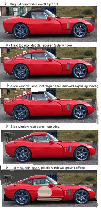 A bunch of different colored ties hanging from a wall - Pistonheads - The image shows a sequence of images on the left side with a red sports car in various states of conversion on the right. Starting from the top, the first image shows the original shape of the car, which is a classic, aerodynamic convertible. As the sequence progresses, various modifications are depicted: the addition of a hard top roof, the removal of the front ducktail spoiler, the side windows turning into a vent-like design, the roof targa panel being panoramic, a standard window race panel being removed, the rear window is also removed, a large side scoop is placed, a full window roll bar is added, the car's hood is removed for further use, and finally, the entire back rear wing is removed for ground effect. These alterations collectively transform the car into a customized sports vehicle.