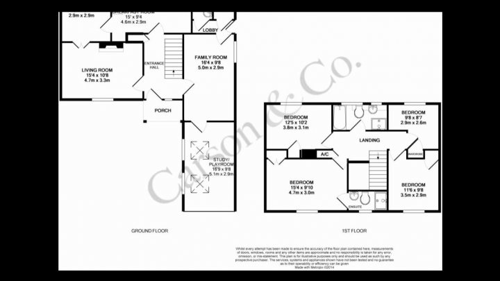 Cost to widen a garage, with pics! - Page 1 - Homes, Gardens and DIY - PistonHeads - The image is a black-and-white floor plan of a house labeled "ground floor" in the upper right corner and "1st floor" in the upper left corner, with dimensions marked out. The layout provides an idea of the room sizes and their placements within the structure. The house appears to have a central staircase corridor leading to both the ground and first floors. Notable room names include a "Family Room" and a "Study Room," indicating specific functions within the home.