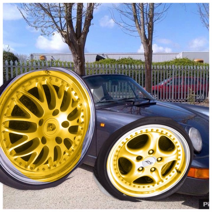 A red car is parked on the side of the road - Pistonheads - The image shows a photograph of a car with two separate views of its rims. The left side of the image depicts a front tire with a striking gold-colored rim, contrasting with a silver hubcap. The right side of the image shows the same car, this time with a black tire and a silver hubcap, positioned behind a vehicle gate. Behind the car, there are trees and a building in the background, suggesting an outdoor setting. The photo has been edited to separate the rims from the rest of the vehicle, demonstrating the fine detail of the gold rim.