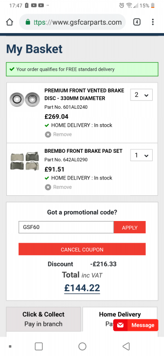 Ridex brakes? - Page 1 - Suspension & Brakes - PistonHeads - The image shows a webpage screenshot featuring a shopping basket with various items. The price of the items is displayed, indicating that they are for sale. There's a prominent red discount badge on one item. The top part of the page indicates some sort of message or alert with green and white text. The overall style suggests an e-commerce platform where users can browse and purchase products.