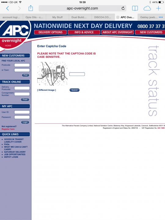 APC Parcels tracking Captcha Codes - seriously WRF - Page 1 - The Lounge - PistonHeads