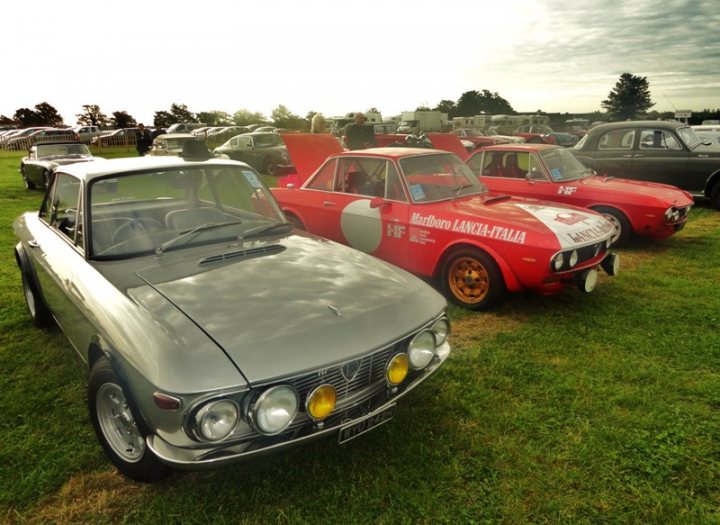 Revival Photos - Page 1 - Goodwood Events - PistonHeads - The image showcases a vintage car gathering, with several classic cars lined up in rows on a grassy field. The vehicles vary in color and model, but most are vintage or classic in design, suggesting a car show or classic vehicle gathering. In the foreground, there are three distinctive cars, one of which is predominantly yellow and the others red and silver, parked at different angles, adding to the overall vintage atmosphere of the event. The sky above is overcast, suggesting it could be a cool or cloudy day.