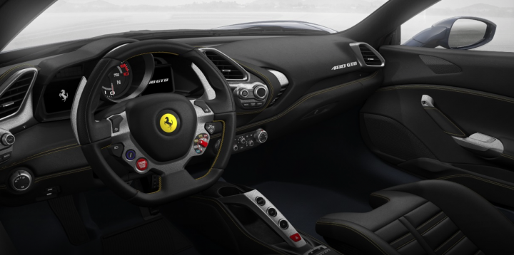 488 GTB Congurator now live - Page 1 - Ferrari V8 - PistonHeads - The image shows the interior of a black Ferrari sports car, with a focus on the driver's side. The car has red interior accents, particularly on the steering wheel and seats. The steering wheel has a series of control buttons near the center. There is a gear shift lever in the center console. The seats are partially visible, and the interior design suggests a high level of luxury and performance.