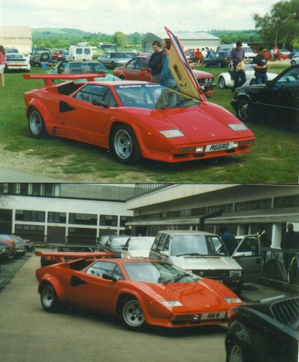 Countach  - Page 9 - Lamborghini Classics - PistonHeads - The image shows a vintage red sports car parked on a grassy ground. Its side is prominently displayed, showcasing its sleek design and the rear wing attached. In the background, there is an array of various cars and people, indicating this may be a gathering or event. The car's vibrant red color stands out against the more subdued colors of the other vehicles. The top part also shows a slightly different angle of the same red sports car. The overall scene suggests a classic car show or exhibition.