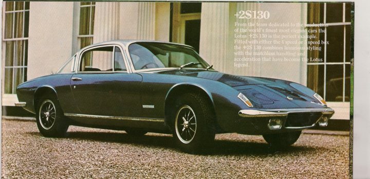 Presentation Lotus Pistonheads Brochure - This image showcases a 1967 Lotus Elan, displayed in a textured grass cover near a building with a notable visual accent in the form of a curved window. The car is parked sideways, with a profile view emphasizing its distinctive side scoops. The car is labeled "+2150" and notably includes a text box containing information about Lotus cars, their history, and the Elan model. The overall style of the image is reminiscent of a vintage magazine page layout.