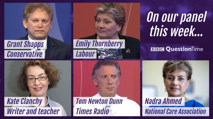 Balanced Question Time panel tonight - of course not! Vol 3 - Page 194 - News, Politics & Economics - PistonHeads UK - The image displays a purple banner featuring white text that reads, "On our panel this week..." Below the banner is a collage of nine headshots of individuals against a light blue background. Each headshot has the name and professional affiliation of the person below their photo. Starting from the left, the names include Grant Shapps, Emily Thornberry, Tom Newton Dunn, Katie Clancy, and others to the right, each with their respective roles or positions listed beneath them. The image has a clear and structured layout, typical of an announcement about a panel discussion or event.