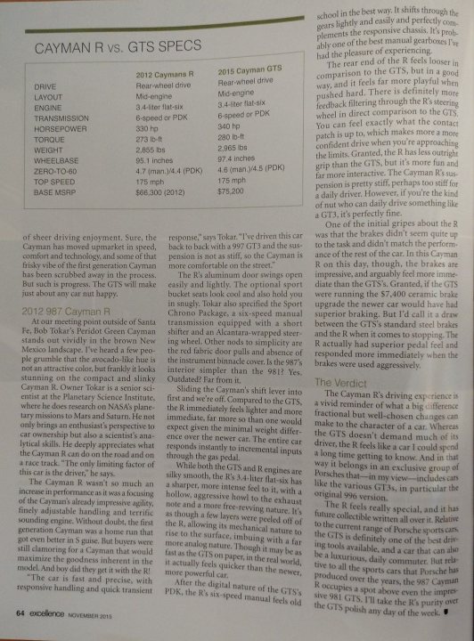 Best residuals - 987 Cayman R vs 981 GTS - Page 2 - Porsche General - PistonHeads - The image is a page from a publication, specifically related to the sport of rallycar driving. The page is filled with text that seems to be an article or report. It includes statistics and comparisons, likely evaluating different cars or teams in the sport. The title "CAYMAN R VS GTS SPECS" suggests that the article focuses on comparing the Cayman R and the GTs in the context of this report. The text is dense with information about various car models, comparing them on various specifications such as drive, horsepower, and weight, among others. The statistics are depicted in tabular form with columns and rows organizing the data. The page shows the face of a document, indicating it is a written report.