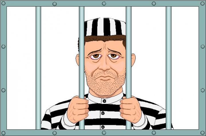 Bye Bye ST - Page 1 - South West - PistonHeads - The image portrays a man's face through the bars of a jail cell. He is imprisoned, wearing a striped prison uniform, with a look of sadness and desperation on his face, suggesting he is crying out for help. The bars of the cell are prominently displayed, indicating the confinement the man is in. The cell itself is drawn in a simplified, cartoon-like style, and there is no other element in the image aside from the man and his jail cell. The composition of the image is straightforward, focusing the viewer's attention on the man and his plight.