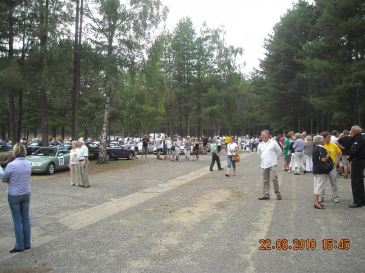 Pistonheads - The image depicts a large group of people parked in a lot with their cars. There seems to be an outdoor event or gathering in a wooded area, as many people are standing and moving about. In the foreground, the cars are parked in neat rows, while in the background, trees and cars creating a pattern. The atmosphere suggests a casual, social event where people have come together in an outdoor setting.