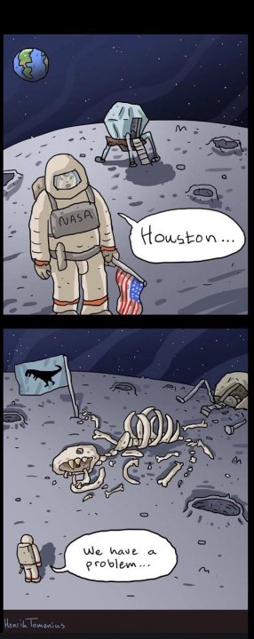 Sean Connery Joke Thread (Vol 8) - Page 202 - The Lounge - PistonHeads - The image is a two-panel comic featuring an astronaut who has landed on the moon. In the first panel, the astronaut is standing, looking at a desolate lunar landscape. The astronaut is holding an American flag that notably has a bite taken out of it. In the second panel, the same astronaut is seen looking at their landing craft with a "Houston... we have a problem" speech bubble, indicating a situation they need to handle. The overall scene suggests a humorous take on the moon landing.