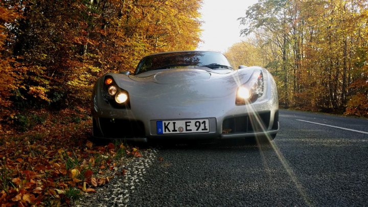 Random TVR pics - Page 428 - General TVR Stuff & Gossip - PistonHeads - The image captures a moment on a winding road, where a sleek gray sports car has come to a stop. The car, bearing the license plate "KI ES 91," sits atop a gravel shoulder that is partly covered in fallen autumn leaves. The road itself is flanked by towering trees, their leaves taking on the warm hues characteristic of autumn. The atmosphere is serene and picturesque, with the golden trees and the blue sky providing a natural backdrop that contrasts with the car's modern design.