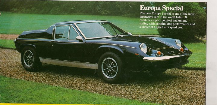 Lotus Brochure Presentation Pistonheads - The image is a page from a car magazine or collection of automotive information. At the top of the page, there is a text heading that reads "EUROPA SPECIAL." Below this, there is another text heading that states "The new Europa Special is one of the most distinctive cars in the world today. It offers a choice of a standard 2-speed, a 3-speed automatic, or a 4-speed."

Below the text, occupying most of the page, is a photograph of a black sports car. The car has the classic squared-off design of cars from the 1960s to the 1980s. It features a long hood and a short rear deck, with a prominent front air intake, large two headlamps, and a pointed front end that suggests faster speed capabilities.

The sports car is parked on a paved surface with green grass on either side. The angle of the photograph seems to capture the car's side profile, emphasizing the body's aerodynamic shape and the bicycle-style wheels and centers, which is characteristic of sports cars from that era. The background, indicated as "ENGLISH GARDEN,"