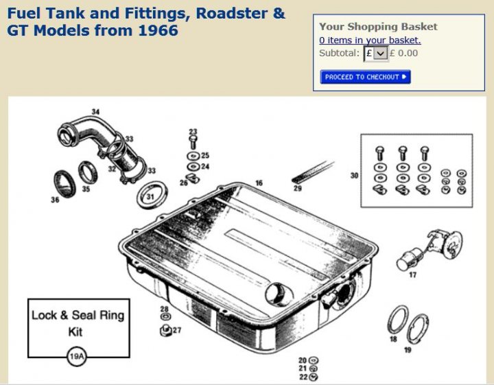 fuel sender - Page 2 - S Series - PistonHeads - This image appears to be a page from a parts manual or a shopping guide for the GT Models of the Ford/Mercury F-100, Mustang, Comet, and Galaxie models produced from 1966 to 1968. The focal point of the image is an illustration of a single, large fuse box with numerous gasket pieces and various care labels surrounding it. A shopping basket icon with a subtotal of $0.00 is also visible at the top of the image, suggesting that this is part of an online retail service. The image layout and content indicate it's informative and likely related to automotive parts or purchase.