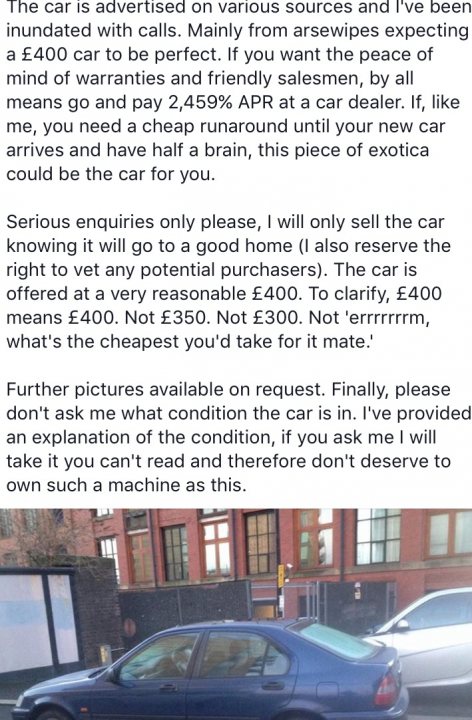 Selling on gumtree is exhausting - Page 1 - The Lounge - PistonHeads - The image is a photograph of a blue car parked on a street. It appears to be a second-hand listing or an advertisement for a car. The text at the top of the image discusses selling a car and mentions a local auto repair shop. In the lower half of the image, a message is depicted in which a potential buyer is requesting an explanation of the condition of the car. At the bottom of the text, the sender clarifies they will sell the car once the buyer takes it for repair.