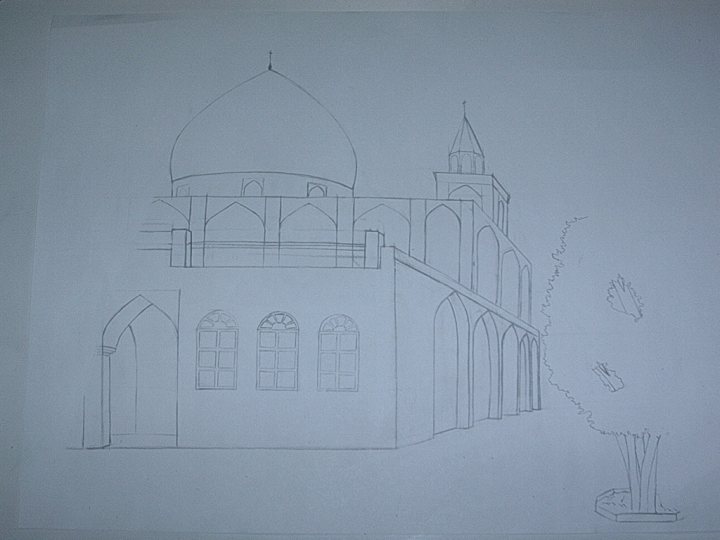 The image is a black and white sketch that depicts a traditional Islamic building, likely a mosque, with elements that include a large dome, a minaret, and a smaller rectangular structure. The architectural style appears Islamic, possibly influenced by Middle Eastern or Ottoman design. There is a surrounding wall forming the outer boundary of the building, and the windows are adorned with decorative shapes, typical of historic Islamic architecture. Additionally, there is a sapling outside the building, which suggests the structure includes a courtyard or garden space. The drawing is detailed, indicating a significant amount of planning and accuracy to the aspects of the structure.