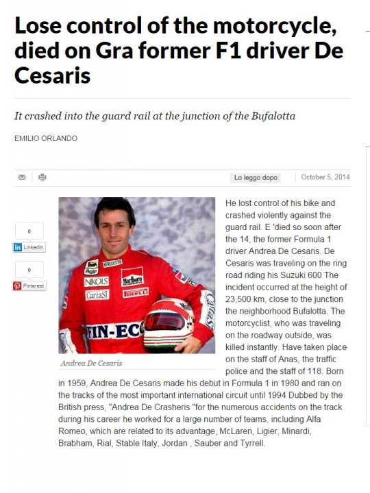 Another tragedy -De Cesaris dies in Motorcycle accident - Page 1 - Formula 1 - PistonHeads