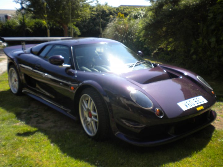 Piston Pistonheads Head - This image features a sleek and shiny sports car resting on a grassy surface. The car's color is dark purple or navy blue, with a textured surface that could be influenced by light and shadows. It has a long, low silhouette with what appears to be large air intakes on the side behind the doors. The car is equipped with a sizable rear wing and two side mirrors. The license plate is visible and reads "LE95". The surrounding environment is lush with greenery, suggesting this setting could be a lush park or a private lawn.