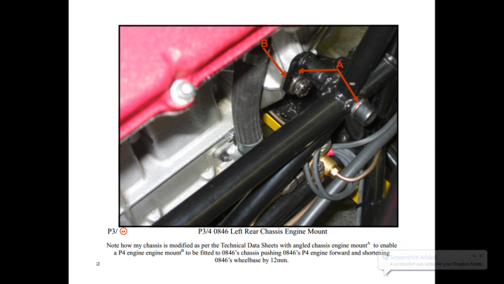 Forghieri speaks on the Glickenhaus car - Page 1 - Ferrari Classics - PistonHeads - The image shows a close-up photograph of an engine, with specific attention given to a section of it. The engine has a predominant color scheme of black and red. Notable features include labeled pins, references to a left ring gear, a flywheel, and a red visible clutch. There is a mention of a 'P4 engine' with red visible clutch and technical data for which a source is cited. Additionally, a note indicates "Note how my clutch is modified as per the Technical Data Sheets with an angled classis engine mount" to enable maximum efficiency, which is to be fitted to 0565's classis.