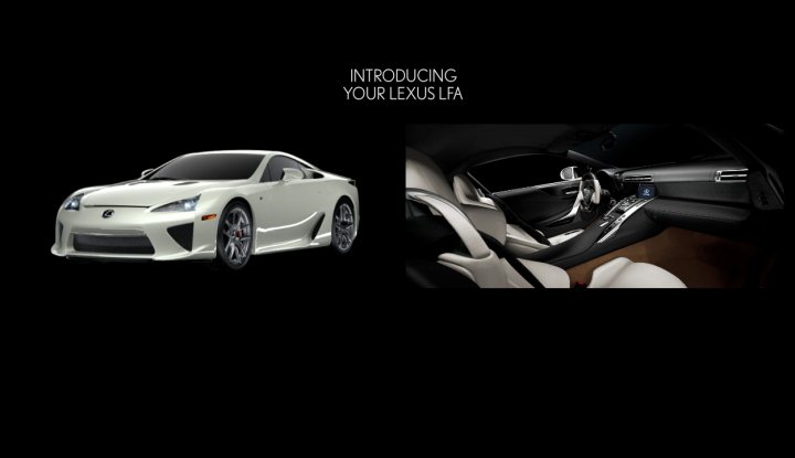 RE: LFA Lands at London Lexus Dealership - Page 2 - General Gassing - PistonHeads - The image shows the interior of a modern car, likely a Lexus, as it's described as "introducing your Lexus LFA." The interior is well-lit and features black leather upholstery, a touch screen display, and premium seating typical of luxury vehicles. Above the interior shot, there's a graphic of the same car, emphasizing its sleek design and the Lexus emblem, indicating that the image may be used for promotional or advertising purposes.