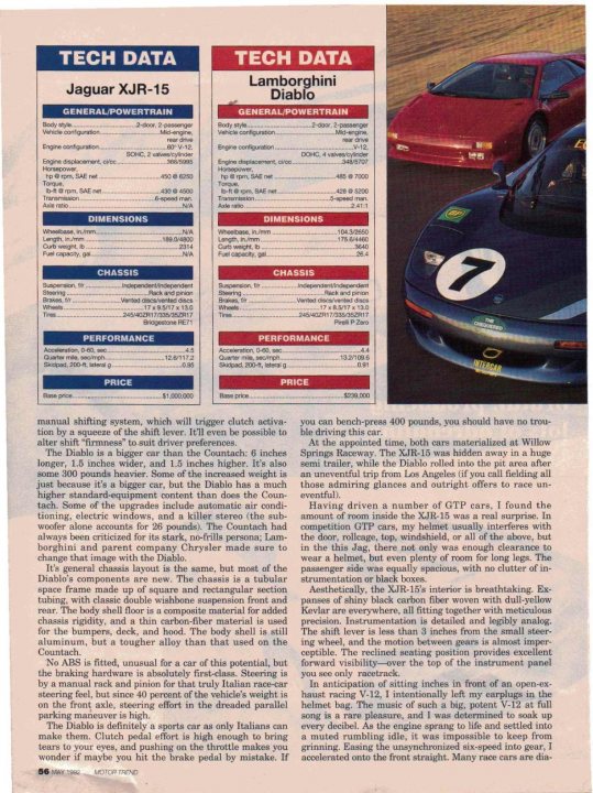 Great Drive in the Jaguar XJR-15 - Page 5 - Jaguar - PistonHeads - The image displays a page from a printed document or brochure with columns of text. The text is related to automotive topics, with sections titled "TECH DATA" and "General/Powertrain". It includes detailed technical specifications and comparisons of the Jaguar XJR-15 and Lamborghini Diablo, covering topics such as the engine, performance, dimensions, and price of the two cars. The document is viewed from an angle and the page is slightly tilted.