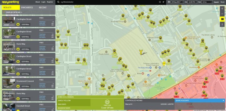 Parking near Euston station on Saturday - Page 1 - Holidays & Travel - PistonHeads - The image is a screenshot of a mapping interface, showing a panoramic view of a city overlaid with numerous layers of information. The map displays various icons, representing different points of interest that the user can explore. There are several categories of places indicated by different colored pins, such as shops, parks, and other services. The interface includes a left-hand menu with categories like "SHOPPING," "EATING," and "AUTHORITY." On the right side of the image, there are numerical values alongside more pins and icons, indicating different ratings or distances from the user's current location. The overall style of the image is a digital interface with a functional layout, designed for ease of navigation and information access.