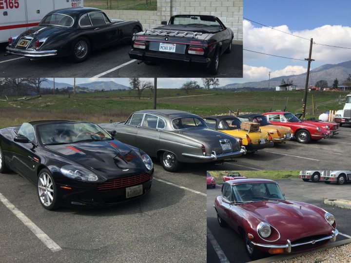 So what have you done with your Aston today? - Page 304 - Aston Martin - PistonHeads - The image is a collage of four separate photographs featuring vintage cars. The cars are parked on what appears to be an asphalt surface, with mountains visible in the background under a partly cloudy sky. In the top two photos, there are three cars lined up with a setting that suggests they are being displayed or prepared for sale. The bottom two photos show two more vintage cars parked with the mountains still present in the scene, indicating that the location might be in a mountainous region. The vehicles have a classic design, indicative of the 1960s or 1970s era.