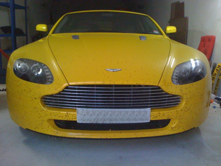 Its that time of year! - Page 1 - Aston Martin - PistonHeads - The image showcases a car that has been thoroughly infested by black ants. The ants are scattered across the hood and front grille, creating a stark contrast to the car's body color. The car itself appears to be yellow, though it's difficult to discern this due to the ant infestation. The grille and hood have clearly been the focus of the ants' attention, as they cover these areas in a dense layer of tiny bodies. The high angle view emphasizes the severity of the ant invasion, covering not just the ground around the car but also the vehicle itself.