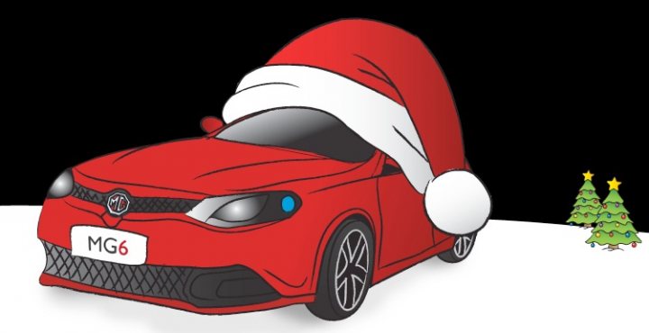 MG Happy Christmas - Page 1 - MG - PistonHeads - This is a vibrant and playful image featuring a red Toyota MG6 with a unique touch - the car is modified to wear a distinct red Santa hat with a white pom pom on top. The car is set against a snowy background, further accentuated by the presence of a green Christmas tree in the bottom right corner, adding to the festive theme. There is also a small cluster of snowflakes added to the image, enhancing the wintery feel. The font "MG6" is prominently displayed on the license plate of the car, indicating the model of the vehicle.