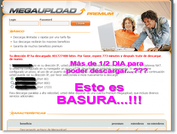 The image shows a computer screen displaying an internet browser window with a registration or login page for "MEGAUPLOAD PREMIUM" highlighted as "BASICO" within an orange border. An alert near the top of the page indicates that the user's service will expire soon, and there's an option to purchase more time. Below this, there's a section titled "??IP????????????? Basico." There are two individuals pictured on the right side of the image, seemingly smiling while looking at a laptop screen. In the center of the image, the text "ESTO ES BASURA..." is laid over another message, partially obscuring parts of the text for emphasis, creating a humorous effect.