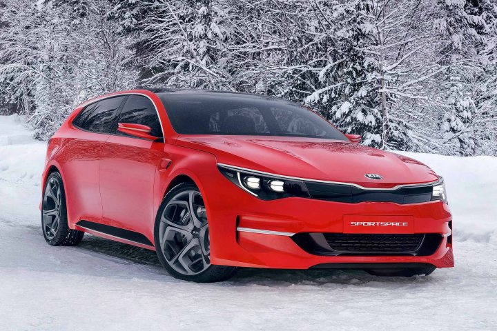 Is it time to take Korean cars seriously? - Page 3 - General Gassing - PistonHeads - The image features a striking red Kia Stinger sport sedan. The car is positioned on a snow-covered surface, positioned at an angle that showcases its front and side profile. The vehicle's design, accentuated by the red paint, is accentuated by a silver grille and black wheels. In front of the car, there's a clear view of a snow-capped landscape with trees and a cloudy sky, suggesting a cold winter setting.