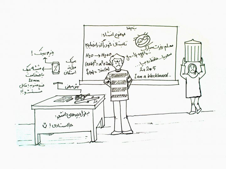 The image is a black and white line drawing that captures a classroom scene. A student is standing at the front of the classroom, gesturing with expressive body language. On the chalkboard, mathematical equations and diagrams are being explained by the teacher, whose back is turned to the students. The student, in the foreground, seems to be following the explanation attentively. Beside the teacher, a red flag with a pointing hand attached is being used to draw attention to the point of discussion. The scenario suggests an engaging and interactive education session.