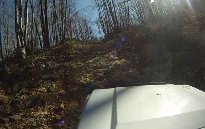 Bit of off-roading, and a bit of camping. - Page 1 - Off Road - PistonHeads - The image shows a sloped, wooded area with a rugged terrain. There are bare trees and fallen branches scattered along the slope. A white object resembling a container or box is placed in the foreground of the frame, and light appears to be illuminating it from the upper right corner, possibly from the sun between the tree branches. The ground is a mix of soil and rocky debris.