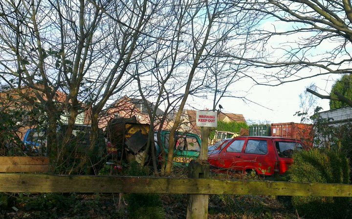 Classics left to die/rotting pics - Page 193 - Classic Cars and Yesterday's Heroes - PistonHeads - The image depicts a scene from a garden or yard. There are several vans and a truck parked in a group at the end of a path. The vehicles are old and show signs of wear and weathering. A textual sign reading "WASHING KEEP OUT" is prominently placed near the vehicles, indicating a restriction in that area. The vegetation in the foreground is sparse, with dead branches and leaves indicating either late autumn or winter.