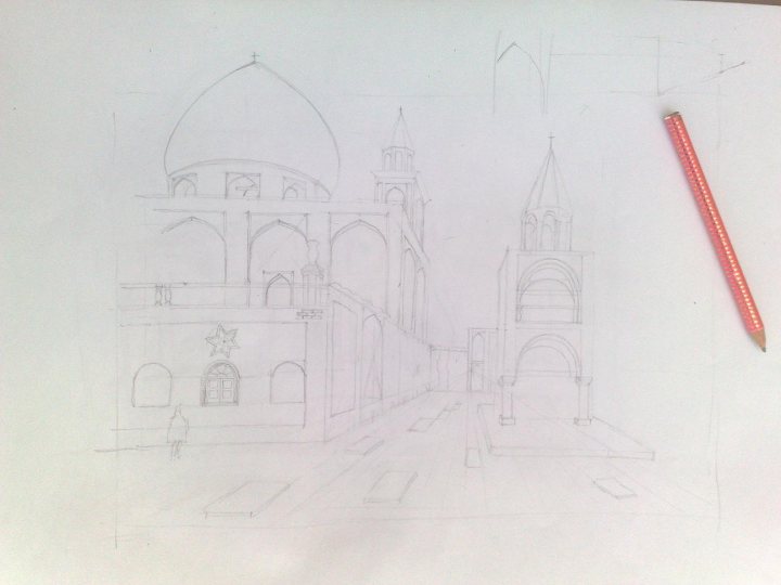 This image features a loosely drawn sketch on a sheet of paper. The scene appears to depict an Islamic schoolyard with a focus on the main building, which has a central minaret and a large dome. The architecture suggests traditional designs typical of Middle Eastern buildings. The drawing is simple, with clean lines and few details, suggesting it's a rough working sketch rather than a finished piece. The building is outlined in black against a white background, giving it a clear, distinct appearance. There's a pencil on the paper, which may have been used to create the drawing.