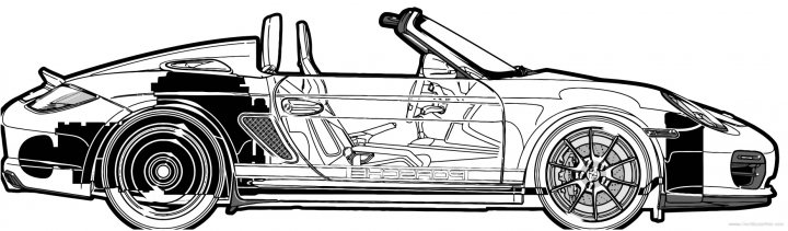 Spyder blueprint - Page 1 - Boxster/Cayman - PistonHeads - The image presents a detailed black and white line art of a convertible sports car. The car is viewed from a three-quarter angle, allowing for a comprehensive look at its sleek design. The interior of the car is visible, revealing two front seats. On the front of the car, there's a distinctive circular emblem, perhaps indicative of the car brand. The attention to detail in the drawing suggests a passion for automotive aesthetics.