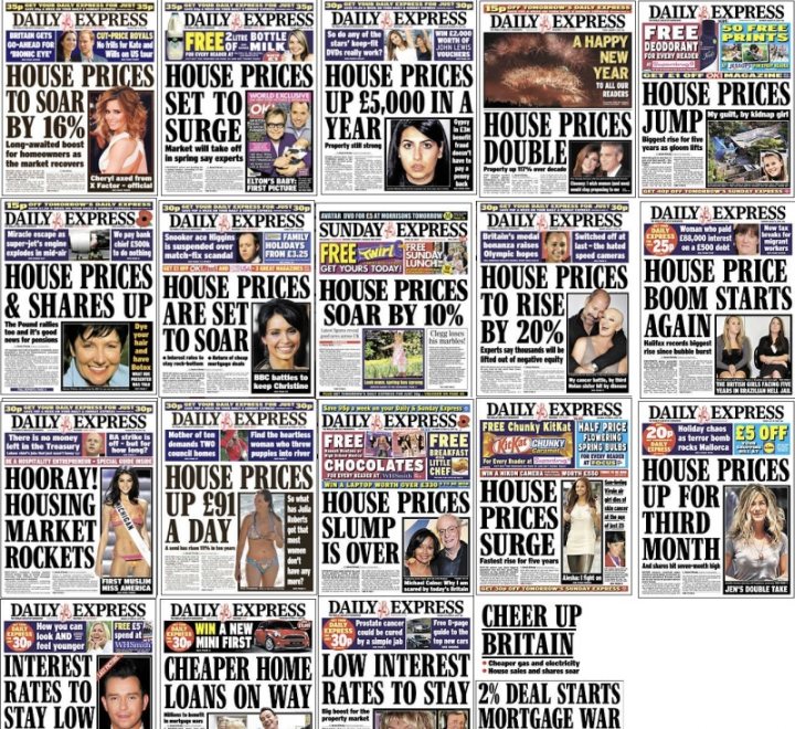 The image displays a collage of various daily newspapers. Each newspaper front page is filled with different headlines. Some of the headlines suggest topics like house prices, cars, interest rates, and special offers. Additionally, there are images of people, cars, and advertisements. The style of the collage is a montage of visual snapshots, intending to showcase a selection of news and articles from different newspapers. The intention behind such a collage could be to highlight the breadth of topics and content in daily newspapers in the United Kingdom.