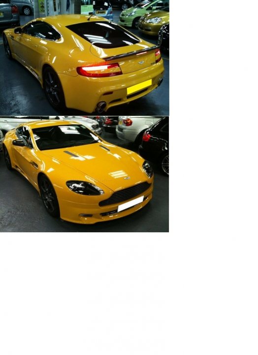 Vantage Pistonheads - The image is composed of two pictures side by side, both featuring the back and side of a yellow sports car. The car appears shiny and well-maintained, with a distinctive sleek design and a license plate visible in the second photo. The car is parked indoors, which appears to be a garage or showroom, as other vehicles can be seen parked around. The lighting is bright and flat, likely artificial and intended to showcase the car's design and color. There is no visible text in the image.