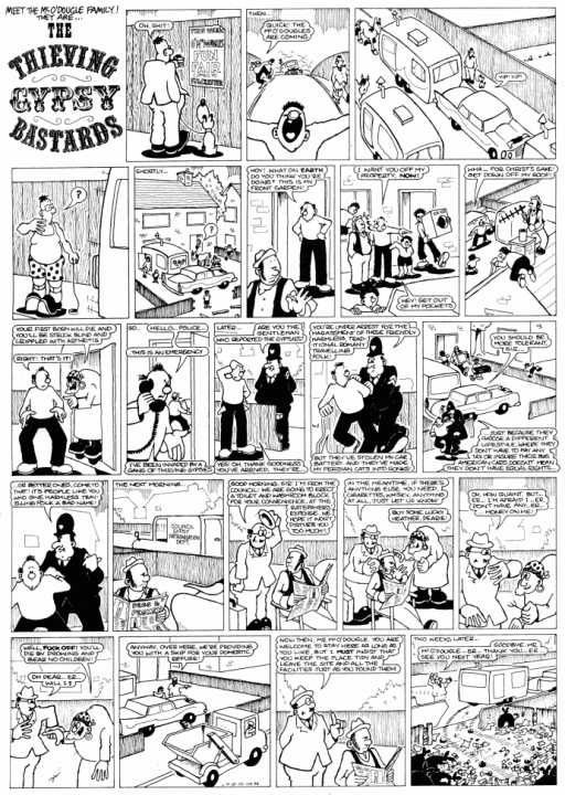 The Travelling Community  Appreciation Thread - Page 2 - News, Politics & Economics - PistonHeads UK - The image is a colorful comic strip featuring a variety of scenes and characters. At the top, there's a banner with the text "The Thieving Squire's Distasteful Adventures," suggesting that this is a humorous or satirical series. Below this, there are multiple panels displaying different episodes. Each panel contains dialogue bubbles filled with text that adds to the narrative of the comic strip. The characters in the comic are depicted in a simplistic, cartoon-like style, and their expressions and body language convey emotion and action. One panel shows two characters engaged in conversation; another depicts one character standing over a prone figure while uttering dialogue. In some panels, text bubbles provide captions that give context to the events happening within the comic. The overall impression is of an engaging, narrative-driven comic strip with a sense of humor or satire.