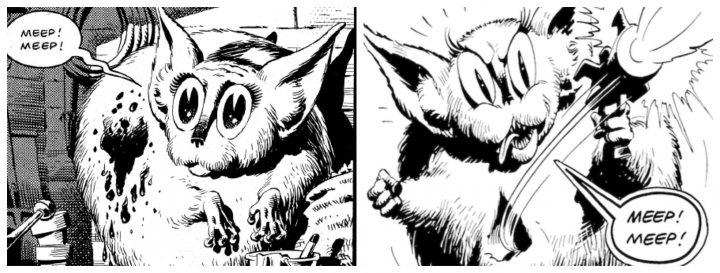 This image is a collage of four separate comic panels featuring the same character, a cartoon rabbit with large ears and eyes. Each panel shows the rabbit in different stages of emotion or action, suggesting movement or progression from left to right. The style is typical of comic book art with bold lines, simple shading, and clear outlines that define shapes and objects within each frame. The overall mood appears to be humorous and exaggerated, often a characteristic of cartoon humor.