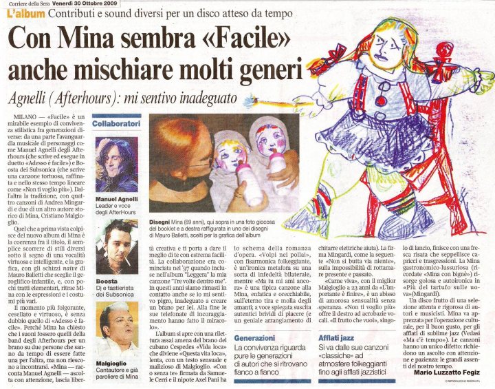 Mina - The image is a newspaper page featuring an article related to Genesis, with a specific focus on the band's sister act Gina. It's a complex collage of text, photographs, and other graphic elements. At the top right, there's a thumbnail of an illustration of a blonde girl adorned with red roses. The main body of the text discusses the band and their music, while smaller text sections interspersed with images and captions provide additional context and details. The style of the page suggests a dense layout, likely packed with information, indicative of a music or arts section.