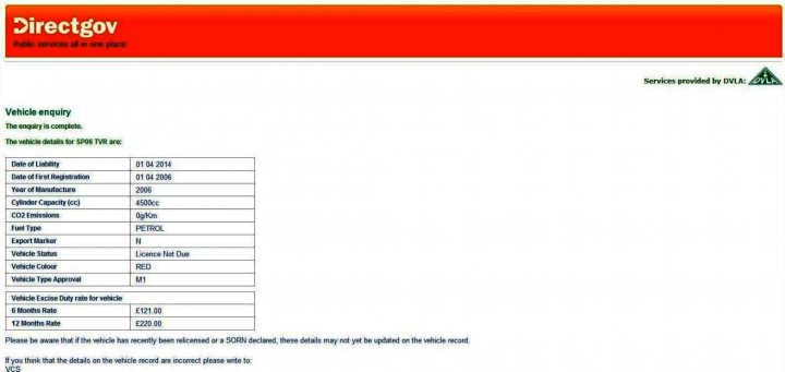 Any LS/4.3/4.5 Upgraders notified the DVLA ? - Page 1 - Speed Six Engine - PistonHeads - The image shows a form with a predominantly white background and text formatted into rows and columns. The top of the form has a red header with the words "Directgov" in white, followed by a tagline "More services available at .gov.uk." Below the header, a cell phone image is placed on the right side. The form is titled "Vehicle Enquiry" and includes sections such as "Date of License," "Vehicle Specifications," and "Service Details." The form status is marked as "Completed." There are multiple fields filled out, including dates, registration mark details, and service request identifiers. The bottom of the form contains a section for warnings regarding Vehicle Protection Continuing On The Vehicle. The form also contains a "DirectGov" logo and the message "Please note that the details on this vehicle record may not be up-to-date."