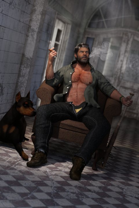 A woman sitting on a bench next to a dog - The image is a digital artwork featuring an animated, muscular man in a dilapidated setting. He's sitting on a chair with a cigarette in his mouth, holding a lit lighter in his hand, and has a contemplative expression on his face. A dog sits at his feet, looking up towards him. The room they are in appears to be abandoned or neglected, with peeling paint on the walls and a dusty atmosphere. There's a window with bars behind the man, adding to the sense of disrepair. The image has a dark, gritty aesthetic, with muted colors contributing to the overall moodiness.