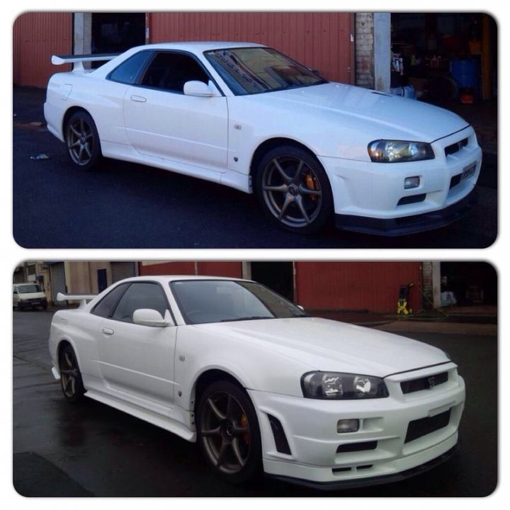 R34 Gtr Vspec  - Page 1 - Jap Chat - PistonHeads - The image shows two pictures of the same white sports car viewed from different angles. The car is a two-door coupe with a wide body kit, a front spoiler, and a large rear spoiler, suggesting a focus on aerodynamics and a sporty appearance. Its wheels have a five-spoke design, and the car features a number of aftermarket parts, such as a side-exit exhaust, LED headlights, and additional vents around the hood and sides. The setting appears to be a street or parking lot, with a building and a structure visible in the background. The style of the image is a straightforward set of vehicle photographs, with no filters or artistic manipulations evident.