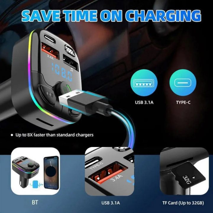 The image displays a car charging station featuring a USB cable plugged into the device. It is presented on a smartphone screen, showing the charging station in use with an actual phone connected to it. A car is visible in the background behind the phone, suggesting that this setup is intended for in-car use. The charging station appears sleek and modern, designed to accommodate multiple USB ports or devices.