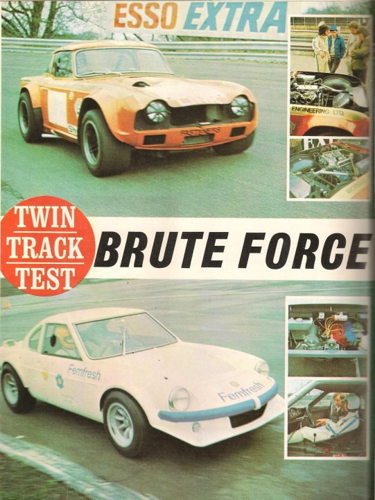 G15 FIA HTP- Race History - Page 1 - Ginetta - PistonHeads - The image is a collage featuring a vintage car, specifically the front end of a Two Track Brute Force, showcasing the vehicle's redesigned body and new side air intake. The collage includes action shots of the car, highlighting its performance abilities, and poses with the printed text "TWIN TRACKS BRUTE SELLUTIONS" and "ESSO EXTRA", suggesting an endorsement or partnership by the energy company.