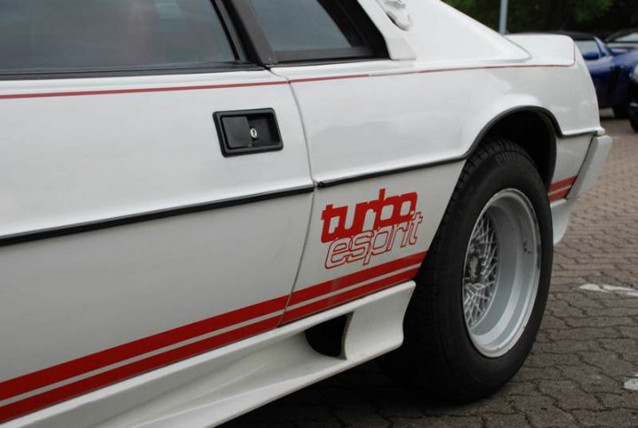 RE: PistonHeads Sunday Service: 25/07/10 - Page 9 - Events/Meetings/Travel - PistonHeads - The image shows a white sports car from a rear three-quarter view. The car's backlight is red with the word "Turbo" written in white, and "Esspirt" is written in red just below it. A distinctive black stripe runs along the car's lower side, blending with the thicker stripe that adorns the bottom of the trunk. The car is parked over a cobblestone driveway or surface, and there are other cars visible in the background. The car also has a black door handle, and a single headlamp is visible on the left side.